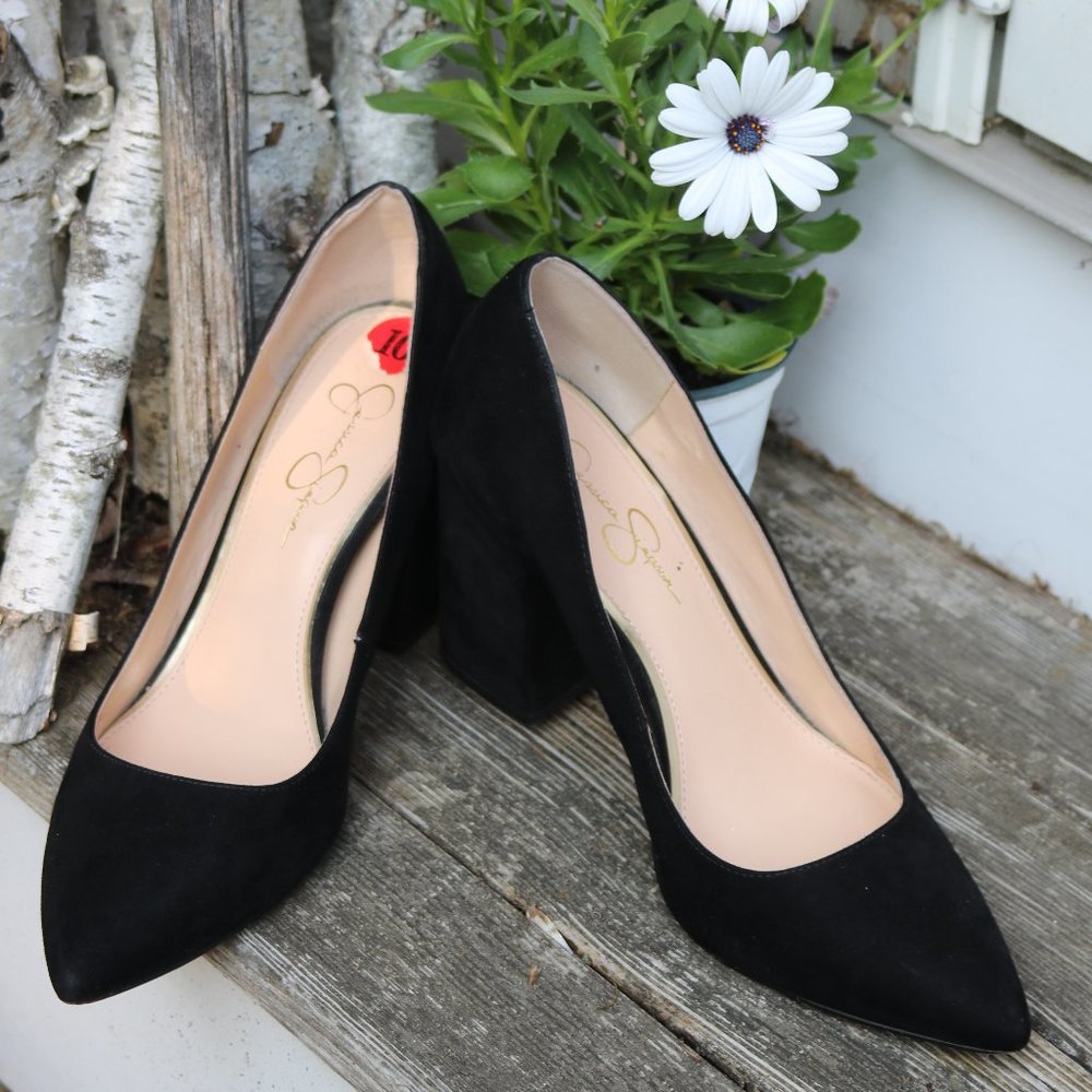 Jessica Simpson Tanysh Black Suede Pointy Toe Chunky Block Pumps Heels Sz 10